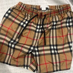 Burberry Tan and Red Plaid swim shorts